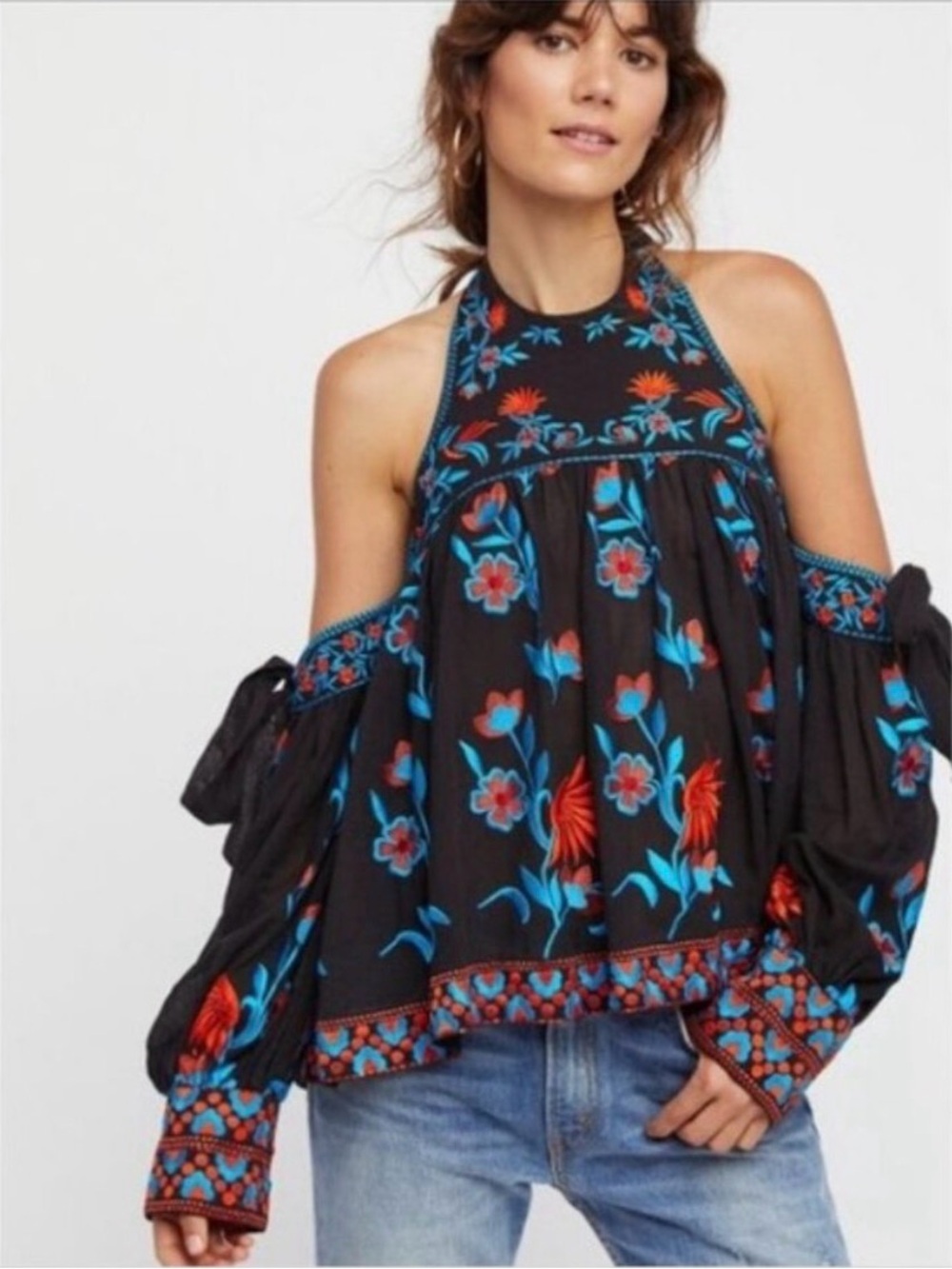 Free People Black Cold-Shoulder Tunic with Blue & Red Floral Embroidery